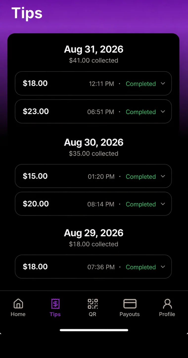 Spendigo tips screen listing each tip by day with amount, time, and status